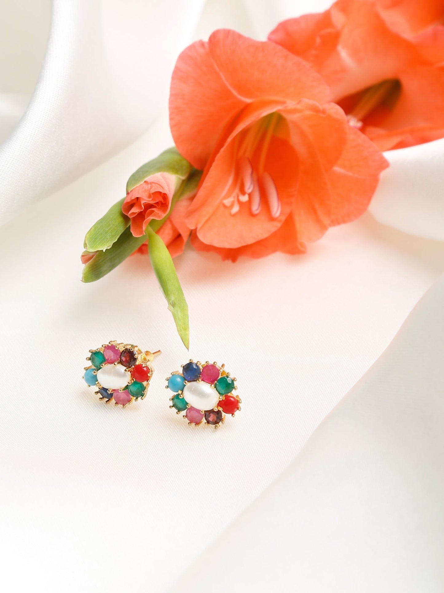 Multicoloured Gold-Toned Contemporary Studs Earrings - Ruby Raang