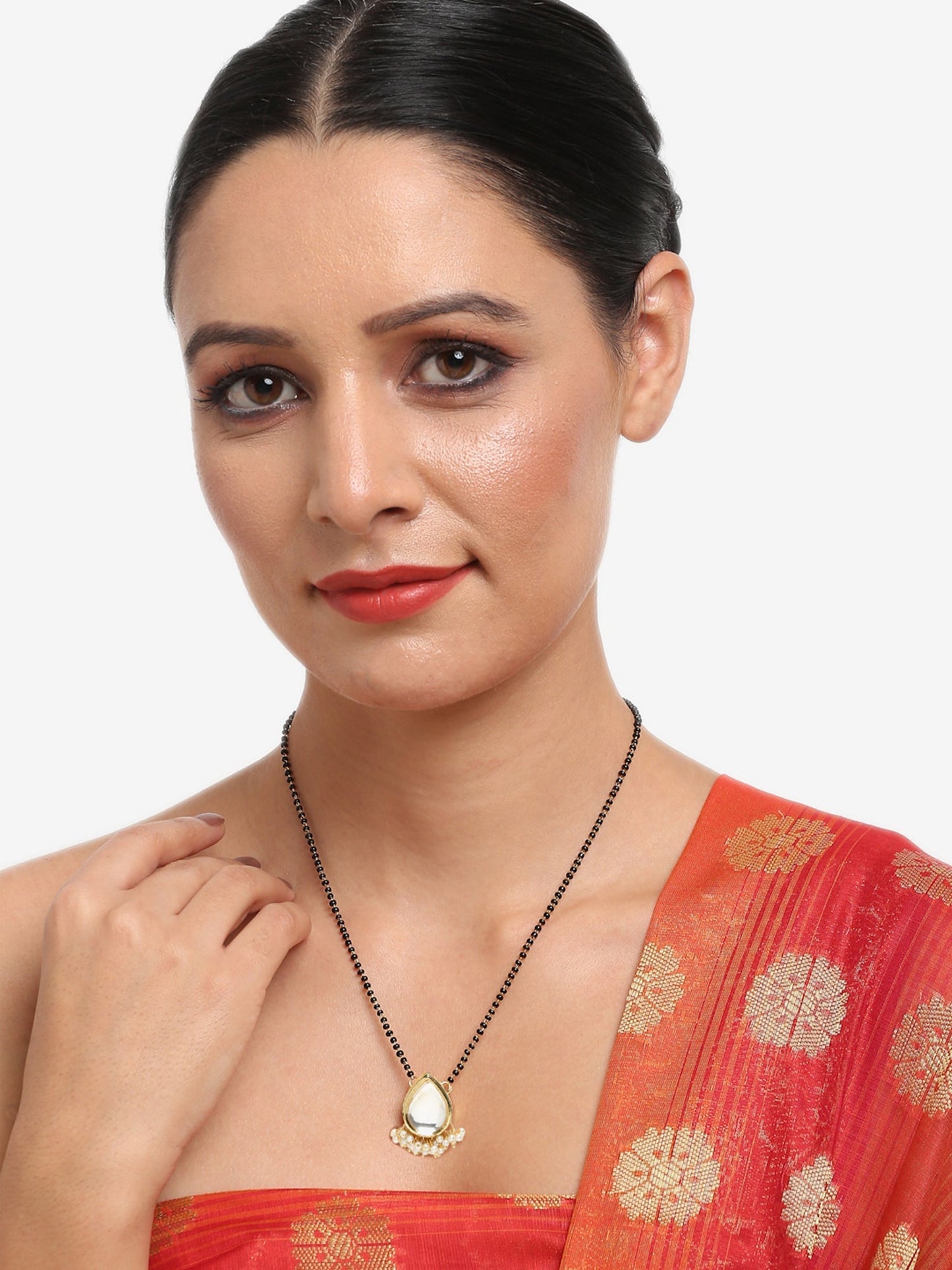 Gold-Polished White Black Kundan-Studded Beaded Mangalsutra - Ruby Raang