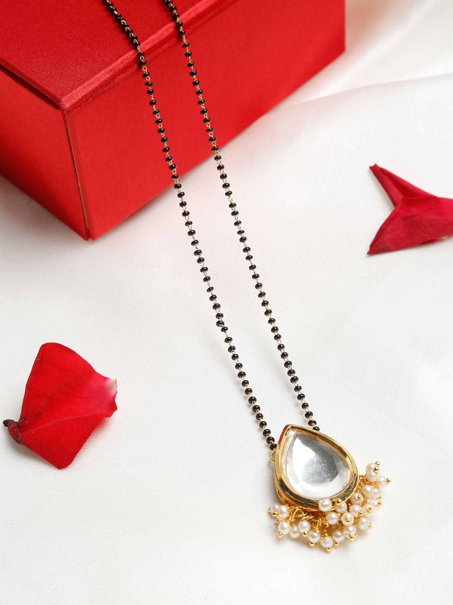 Gold-Polished White Black Kundan-Studded Beaded Mangalsutra - Ruby Raang