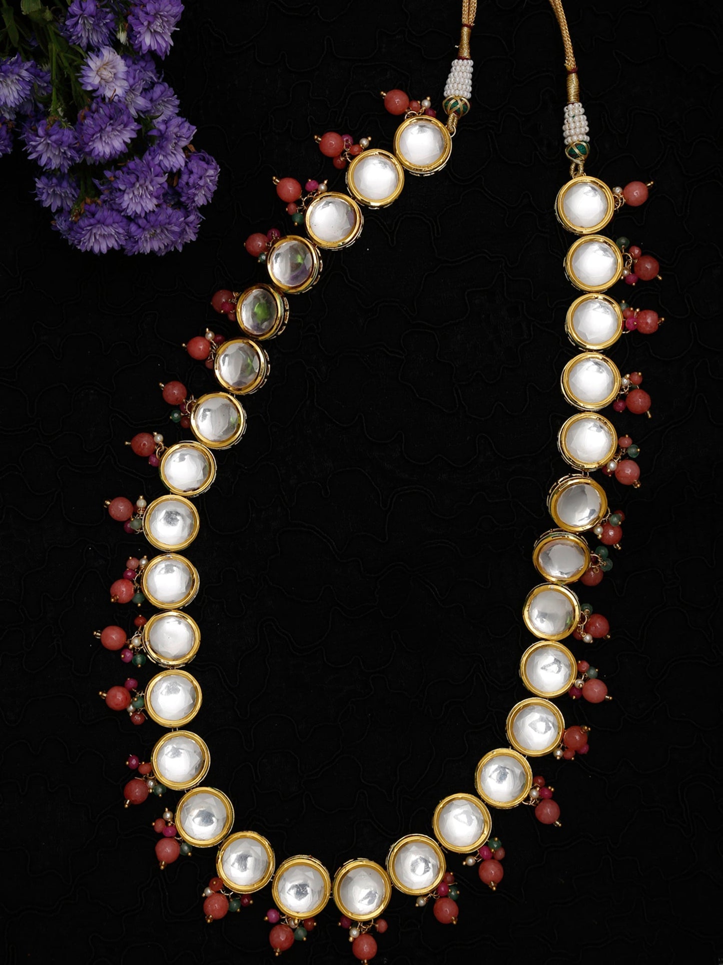Gold-Polished Pink Kundan Pearls Studded Necklace - Ruby Raang