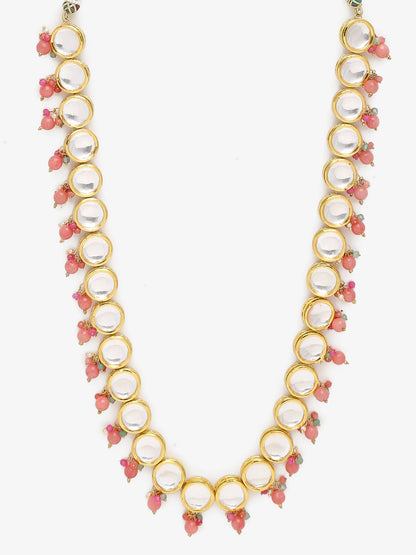 Gold-Polished Pink Kundan Pearls Studded Necklace - Ruby Raang