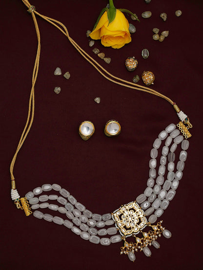 Gold-Polished White Kundan Stone Studded Handcrafted Jewellery Set - Ruby Raang