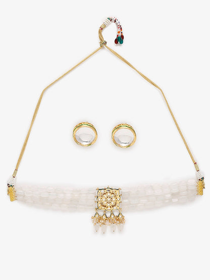 Gold-Polished White Kundan Stone Studded Handcrafted Jewellery Set - Ruby Raang