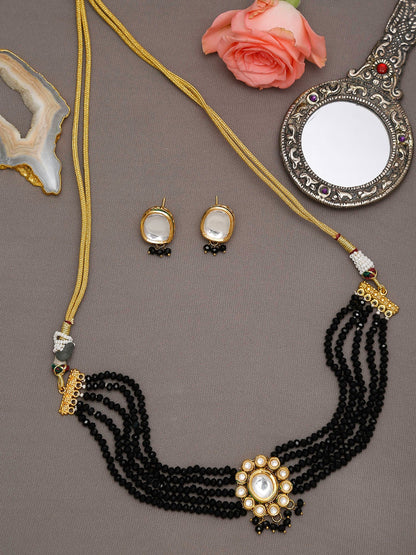Gold-Polished White Black Kundan-Studded Beaded Handcrafted Jewellery Set - Ruby Raang