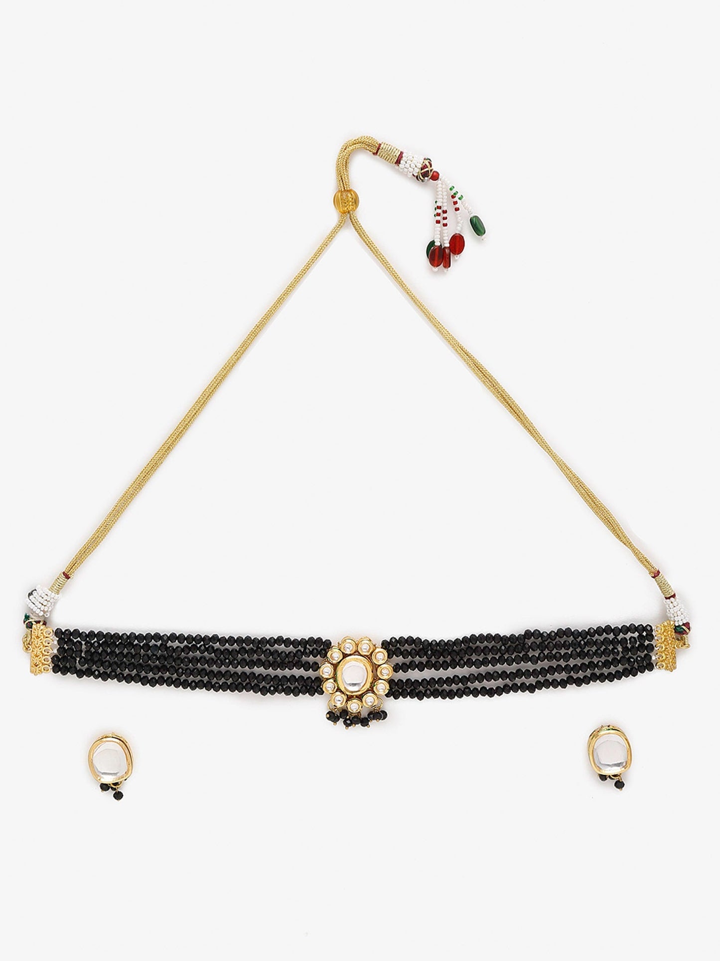 Gold-Polished White Black Kundan-Studded Beaded Handcrafted Jewellery Set - Ruby Raang
