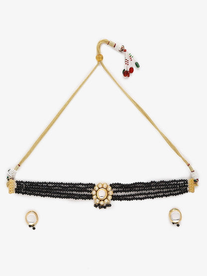Gold-Polished White Black Kundan-Studded Beaded Handcrafted Jewellery Set - Ruby Raang