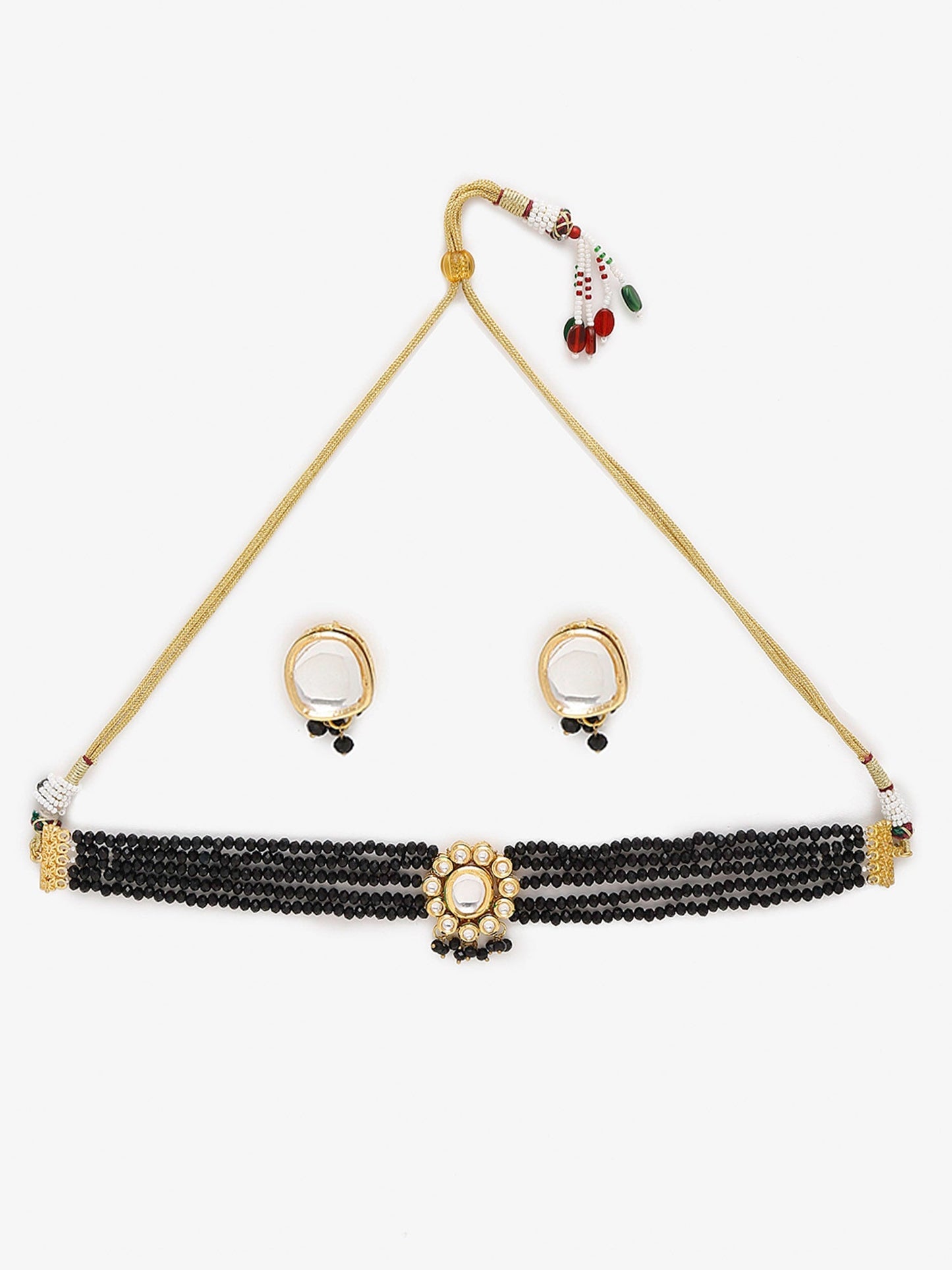 Gold-Polished White Black Kundan-Studded Beaded Handcrafted Jewellery Set - Ruby Raang