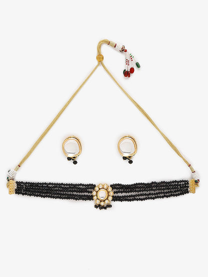 Gold-Polished White Black Kundan-Studded Beaded Handcrafted Jewellery Set - Ruby Raang