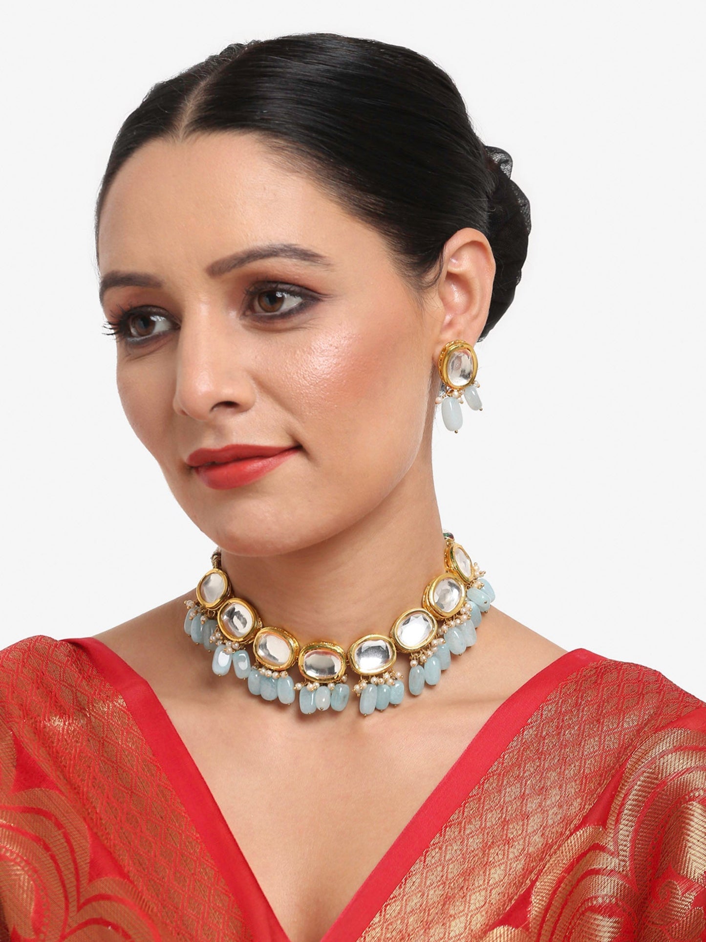 Gold-Polished White Blue Kundan-Studded Pearl Beaded Handcrafted Jewellery Set - Ruby Raang