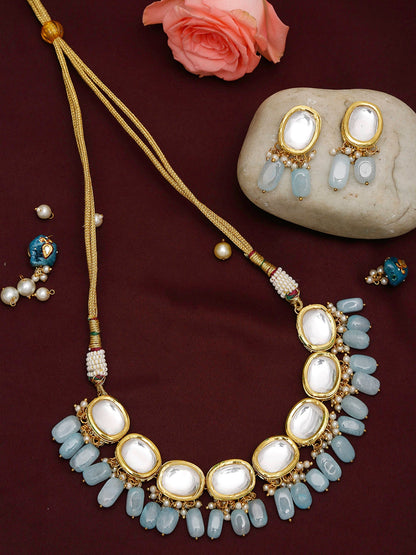 Gold-Polished White Blue Kundan-Studded Pearl Beaded Handcrafted Jewellery Set - Ruby Raang