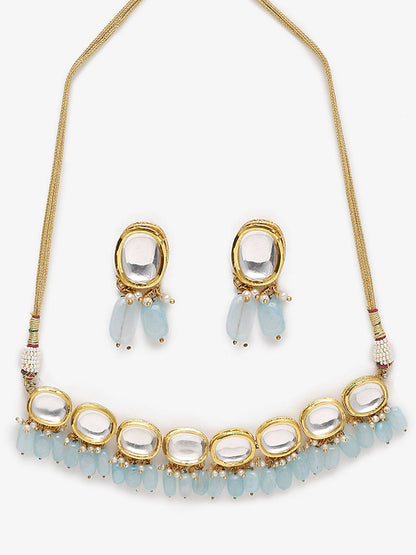 Gold-Polished White Blue Kundan-Studded Pearl Beaded Handcrafted Jewellery Set - Ruby Raang