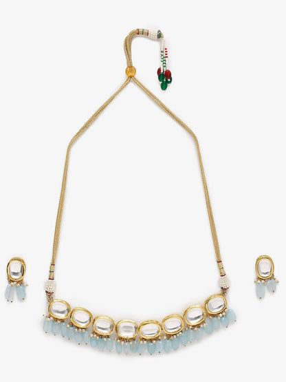 Gold-Polished White Blue Kundan-Studded Pearl Beaded Handcrafted Jewellery Set - Ruby Raang