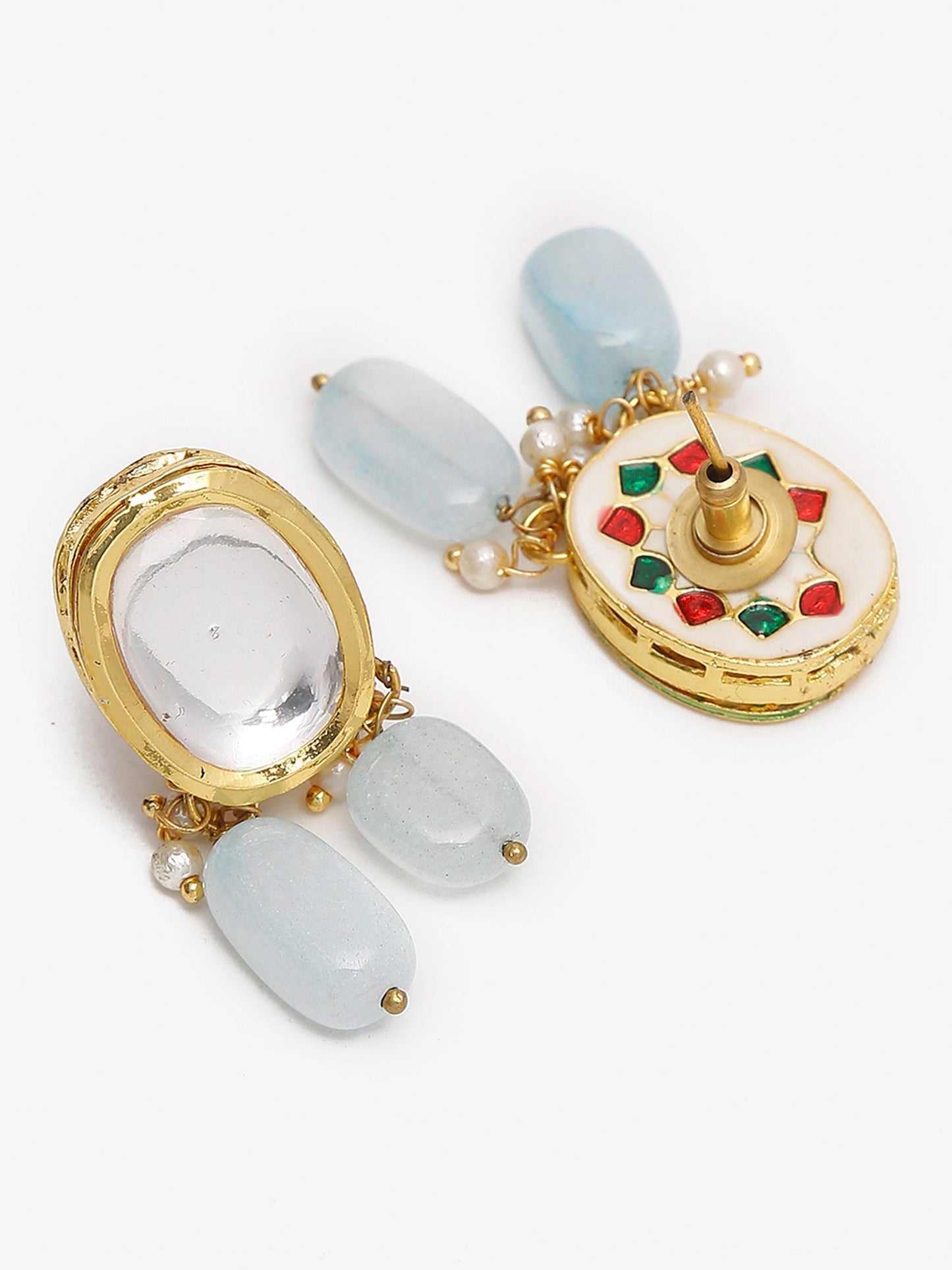 Gold-Polished White Blue Kundan-Studded Pearl Beaded Handcrafted Jewellery Set - Ruby Raang