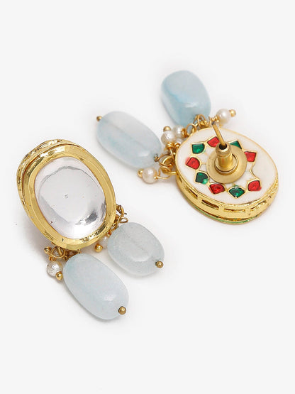 Gold-Polished White Blue Kundan-Studded Pearl Beaded Handcrafted Jewellery Set - Ruby Raang