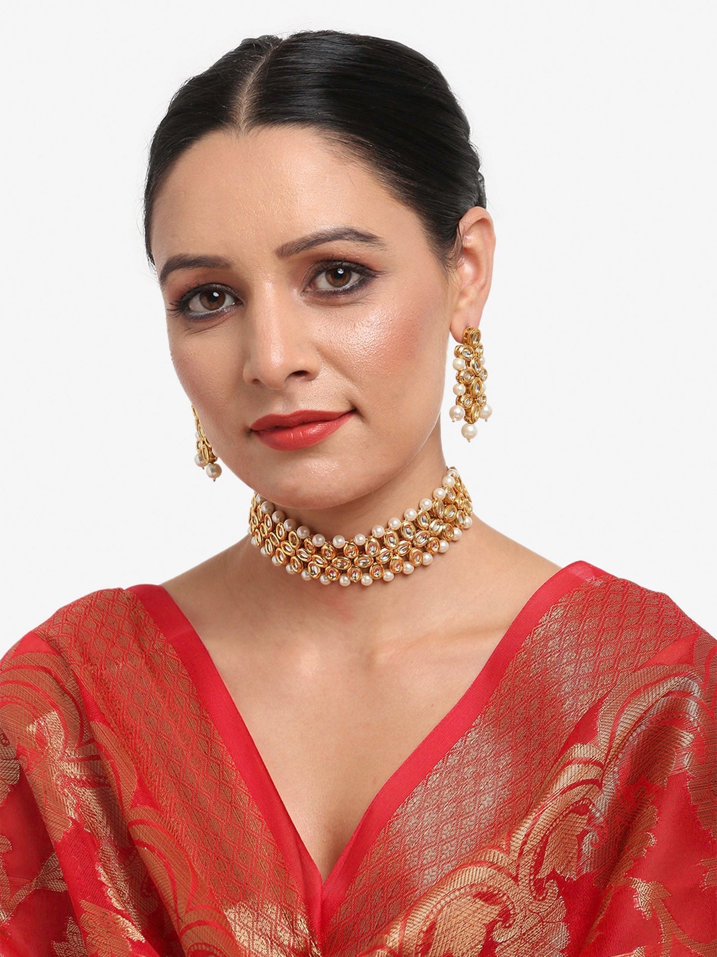 Gold-Polished White Kundan-Studded Pearls Beaded Handcrafted Jewellery Set - Ruby Raang