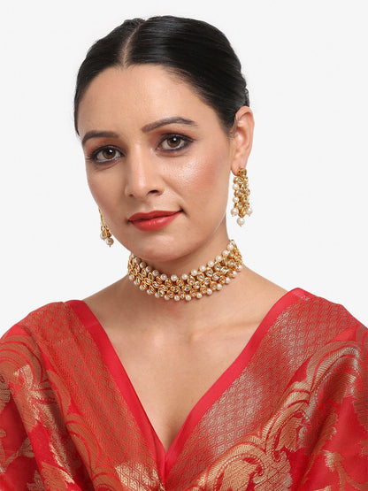 Gold-Polished White Kundan-Studded Pearls Beaded Handcrafted Jewellery Set - Ruby Raang