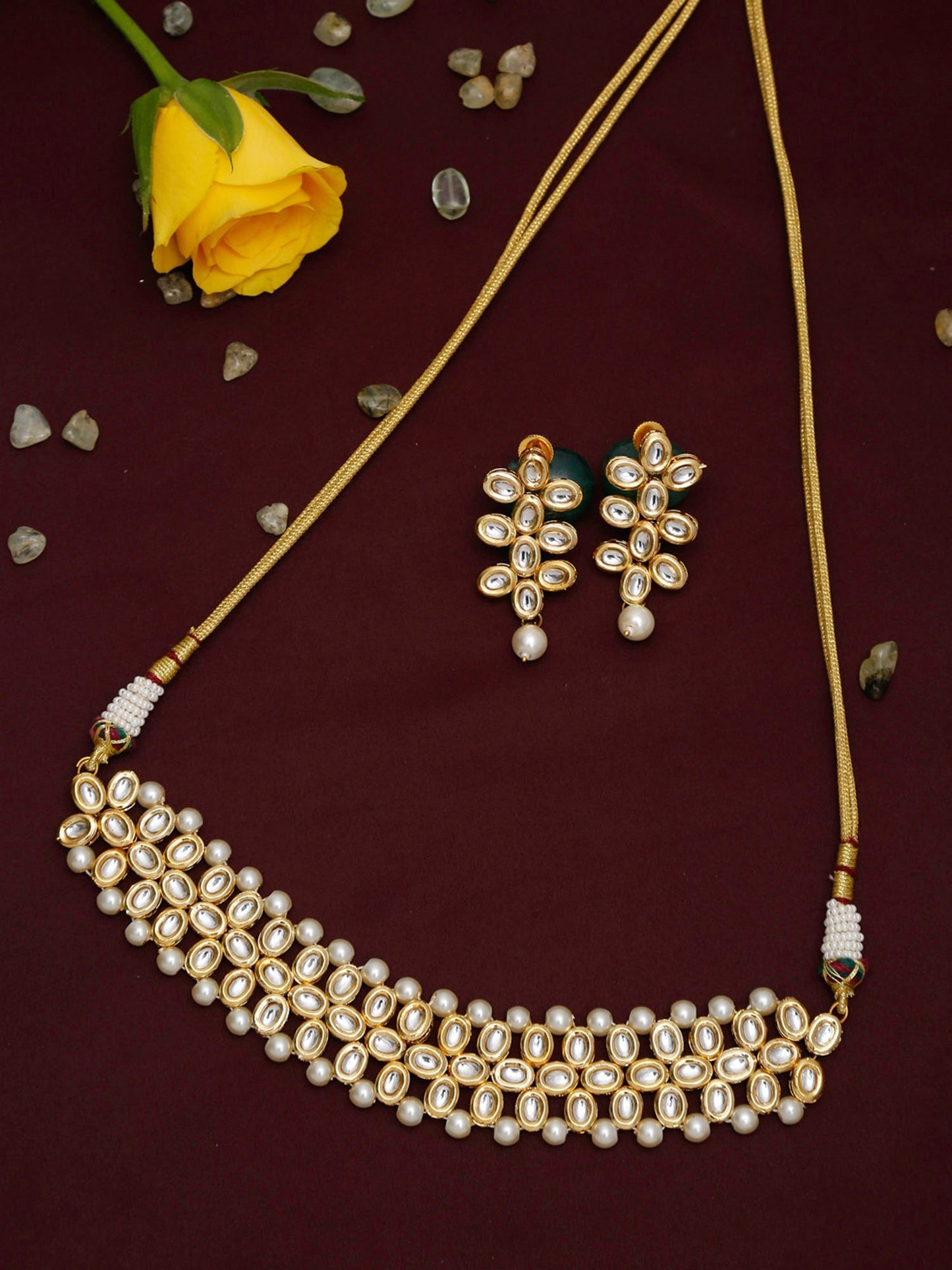 Gold-Polished White Kundan-Studded Pearls Beaded Handcrafted Jewellery Set - Ruby Raang