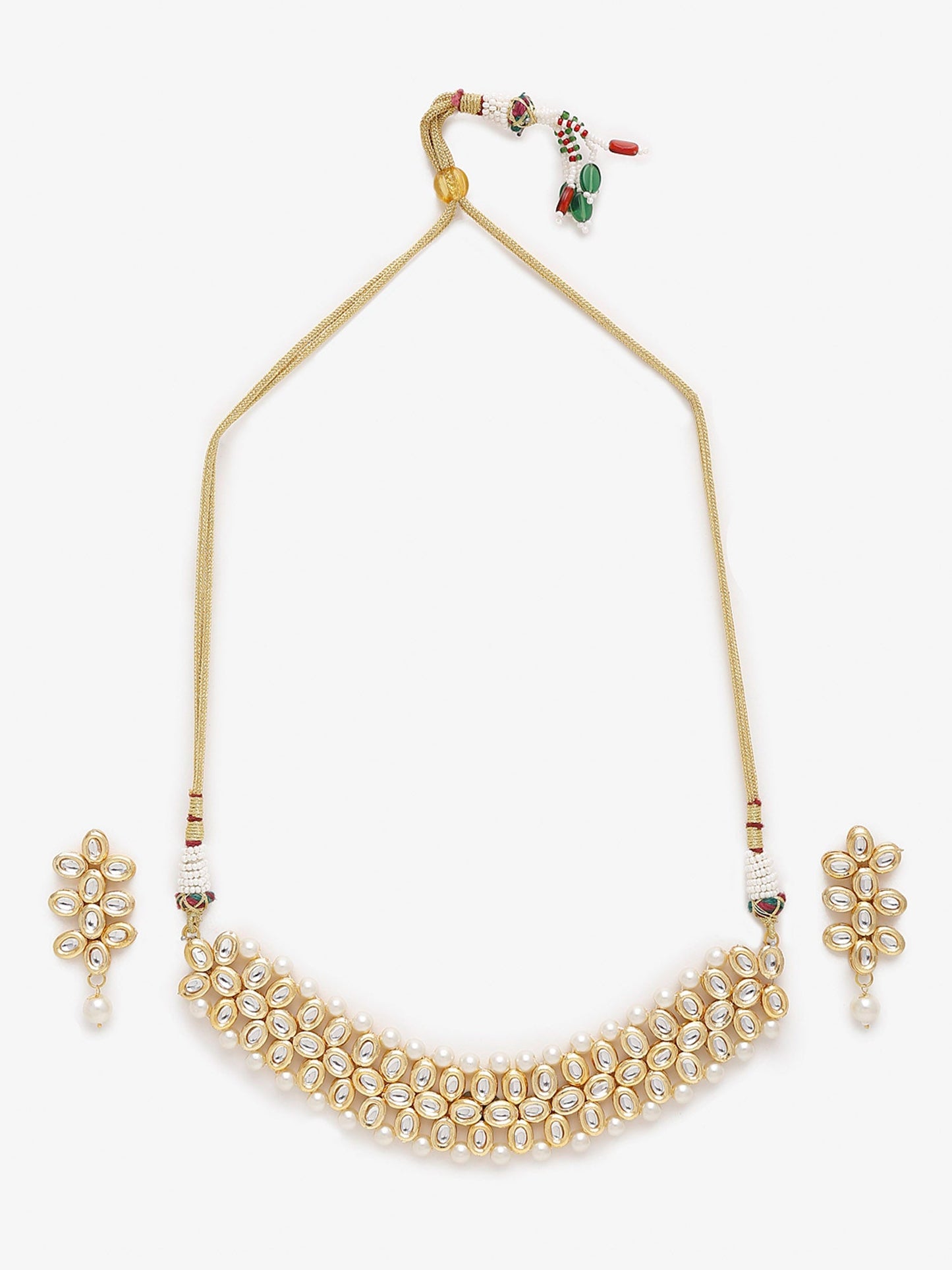 Gold-Polished White Kundan-Studded Pearls Beaded Handcrafted Jewellery Set - Ruby Raang