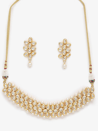Gold-Polished White Kundan-Studded Pearls Beaded Handcrafted Jewellery Set - Ruby Raang