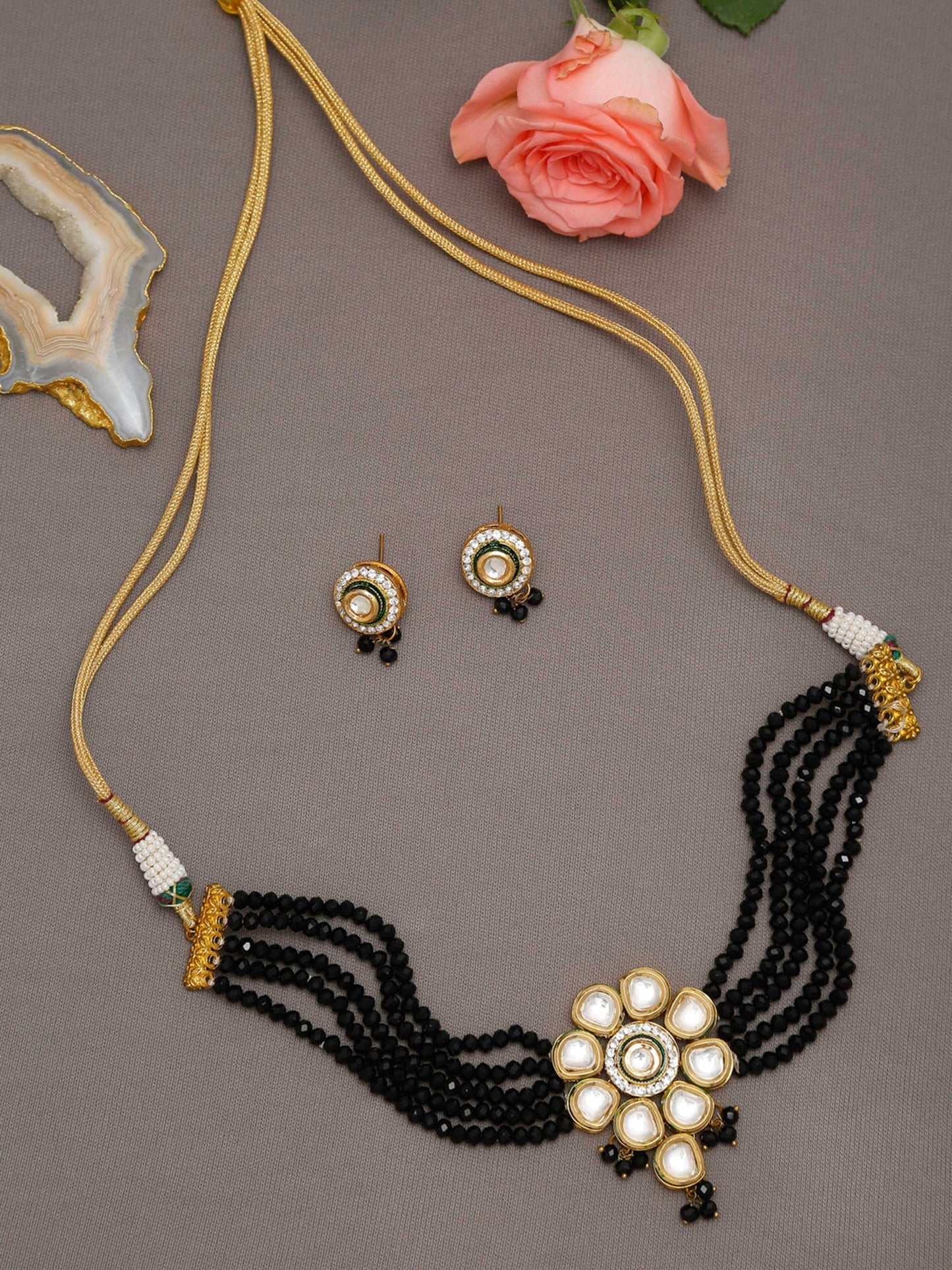 White Black Gold-Polished Kundan-Studded Jewellery Set - Ruby Raang