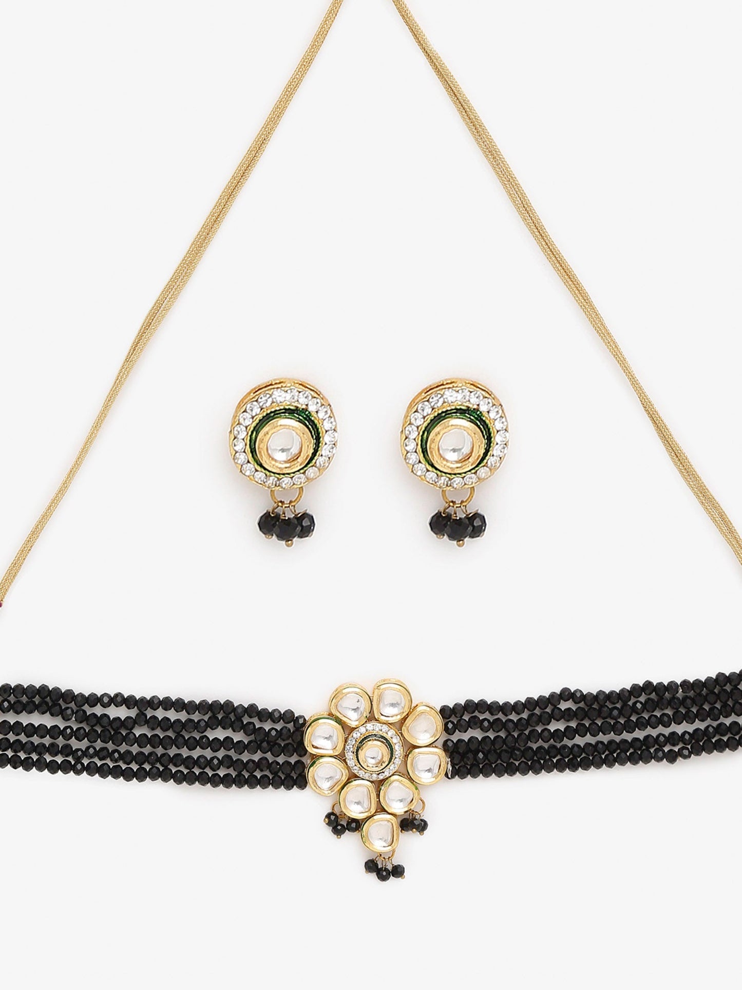 White Black Gold-Polished Kundan-Studded Jewellery Set - Ruby Raang