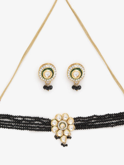 White Black Gold-Polished Kundan-Studded Jewellery Set - Ruby Raang