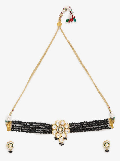 White Black Gold-Polished Kundan-Studded Jewellery Set - Ruby Raang