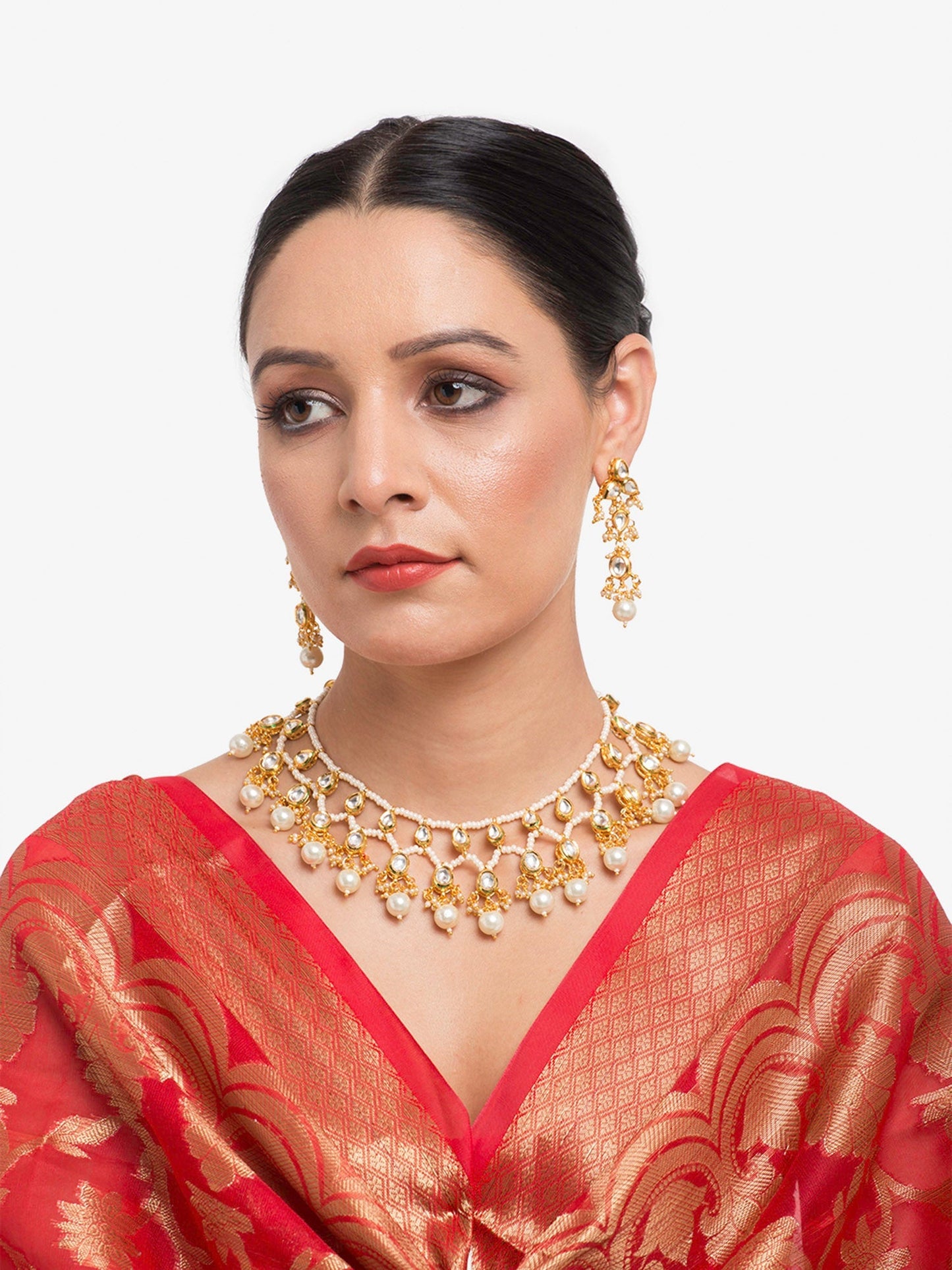 Gold-Polished White Kundan Stone Studded Jewellery Set - Ruby Raang