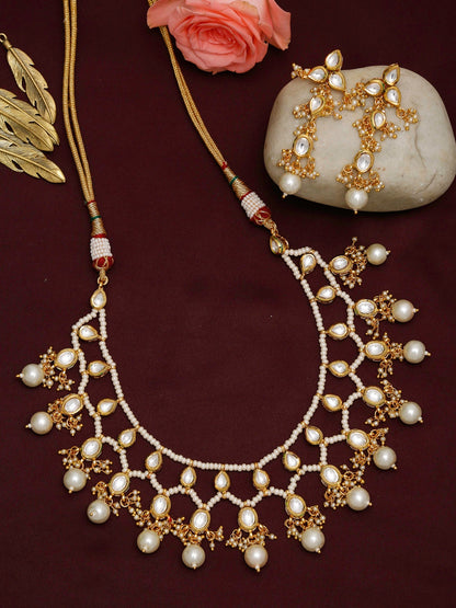 Gold-Polished White Kundan Stone Studded Jewellery Set - Ruby Raang