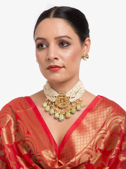 Gold-Polished White Green Stone-Studded Pearls Beaded Handcrafted Jewellery Set - Ruby Raang
