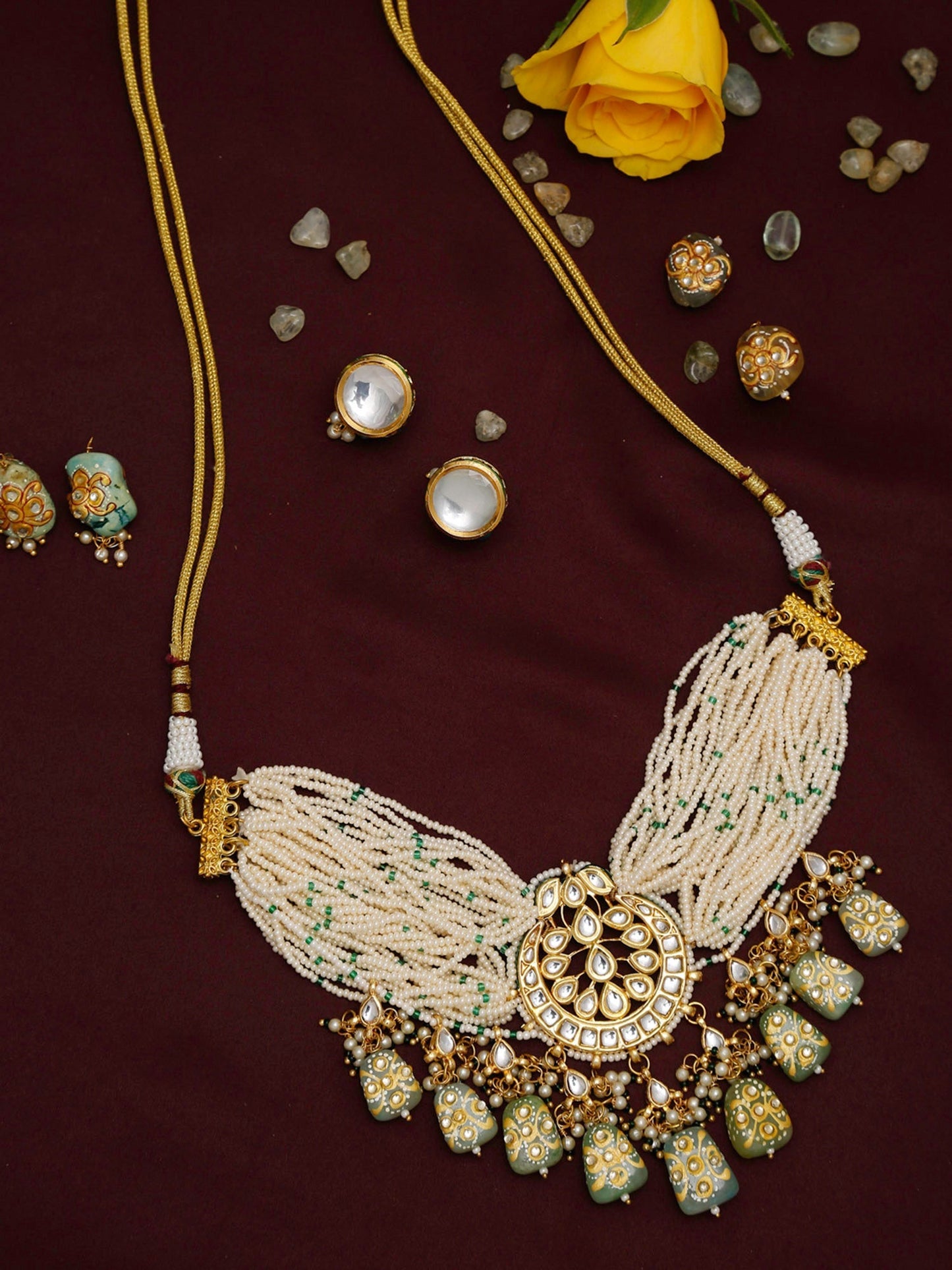 Gold-Polished White Green Stone-Studded Pearls Beaded Handcrafted Jewellery Set - Ruby Raang