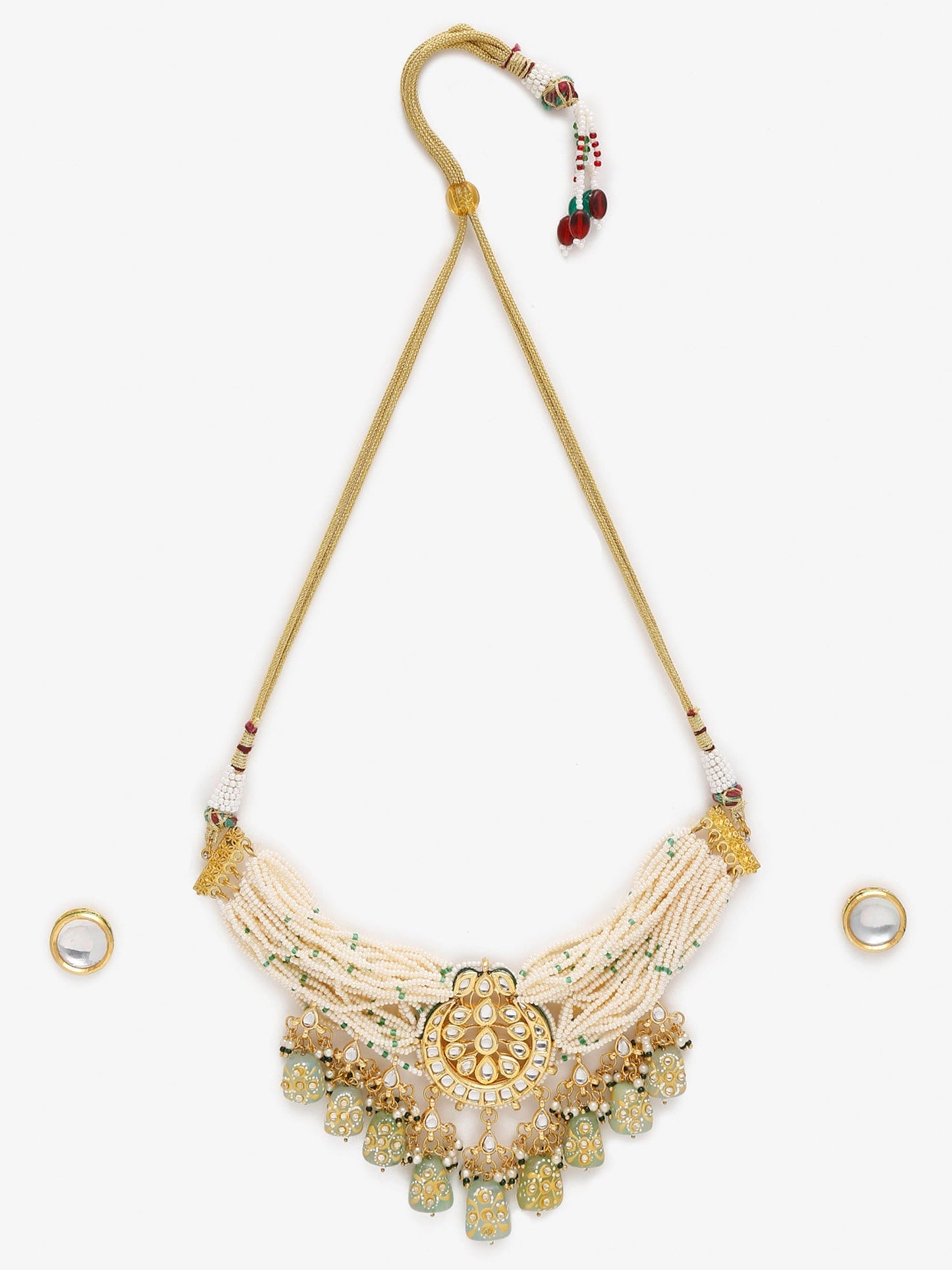 Gold-Polished White Green Stone-Studded Pearls Beaded Handcrafted Jewellery Set - Ruby Raang