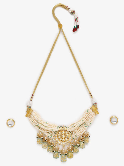 Gold-Polished White Green Stone-Studded Pearls Beaded Handcrafted Jewellery Set - Ruby Raang