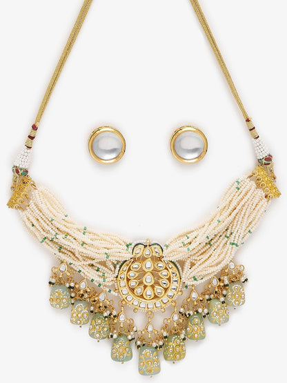 Gold-Polished White Green Stone-Studded Pearls Beaded Handcrafted Jewellery Set - Ruby Raang
