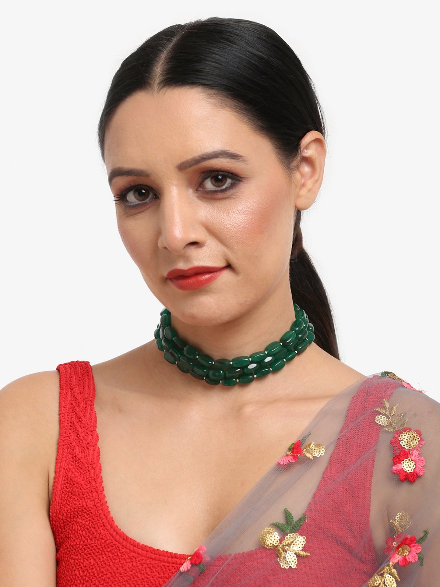 Gold-Toned Green Emerald Gold-Polished Layered Choker - Ruby Raang