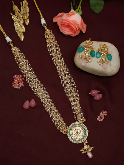 Gold-Polished Green White Kundan Studded Layered Jewellery Set - Ruby Raang