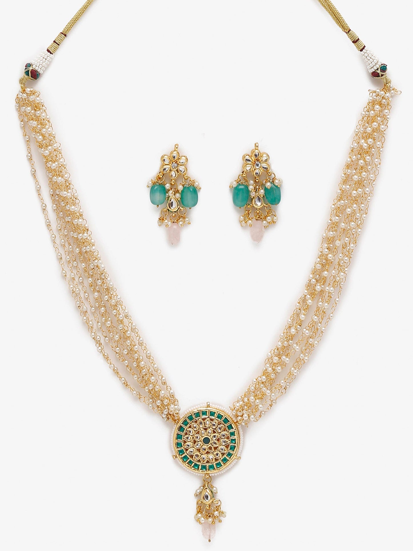 Gold-Polished Green White Kundan Studded Layered Jewellery Set - Ruby Raang