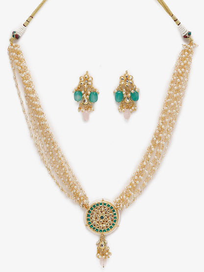 Gold-Polished Green White Kundan Studded Layered Jewellery Set - Ruby Raang