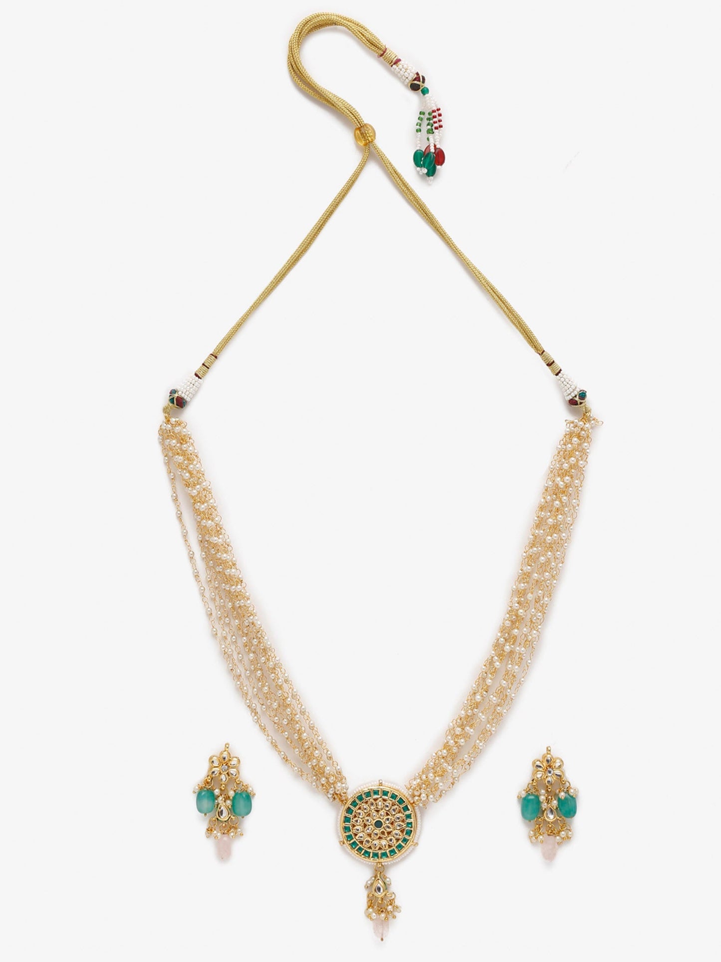 Gold-Polished Green White Kundan Studded Layered Jewellery Set - Ruby Raang