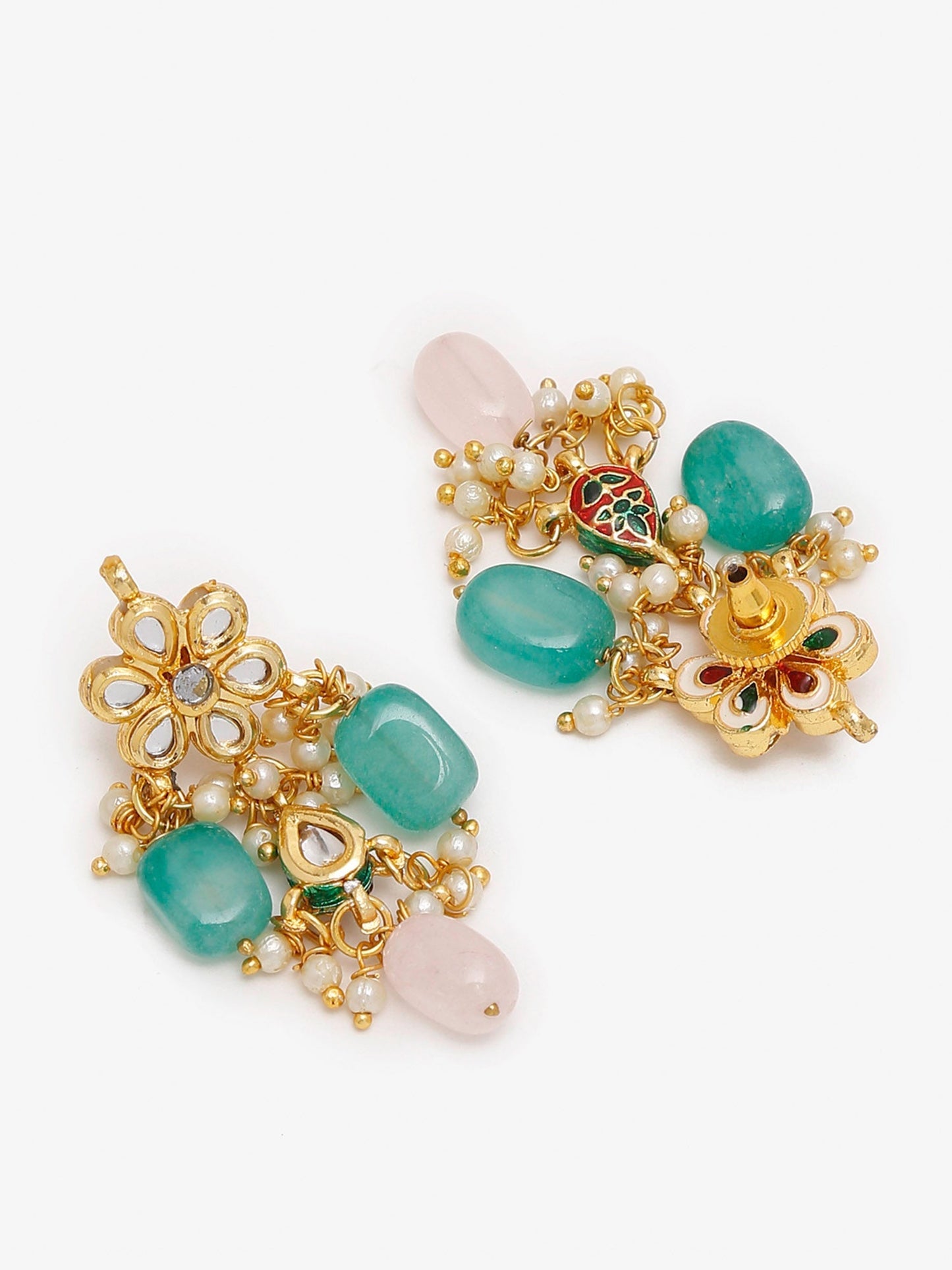 Gold-Polished Green White Kundan Studded Layered Jewellery Set - Ruby Raang