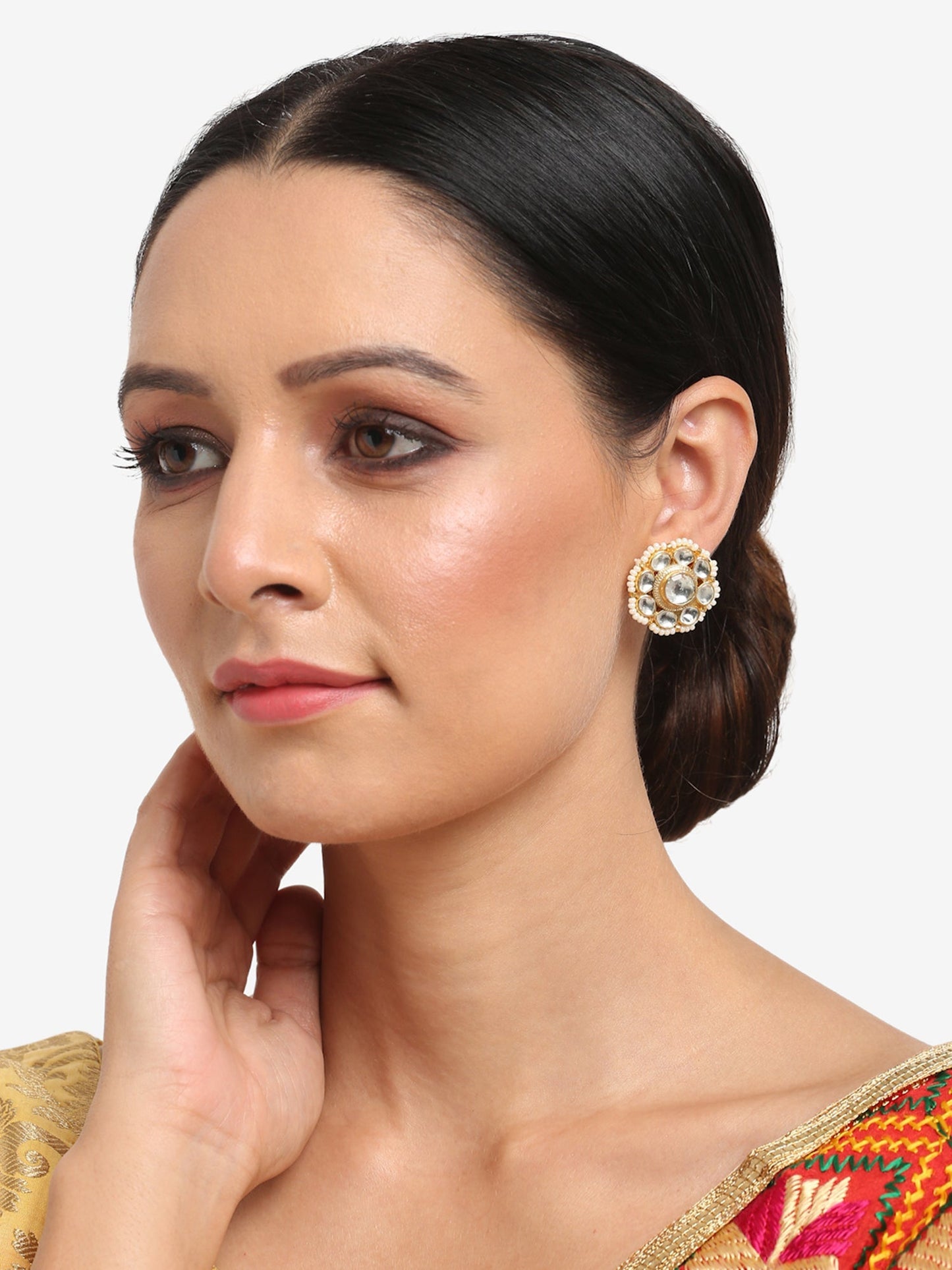 Gold-Toned Floral Kundan Studded Studs Earrings - Ruby Raang