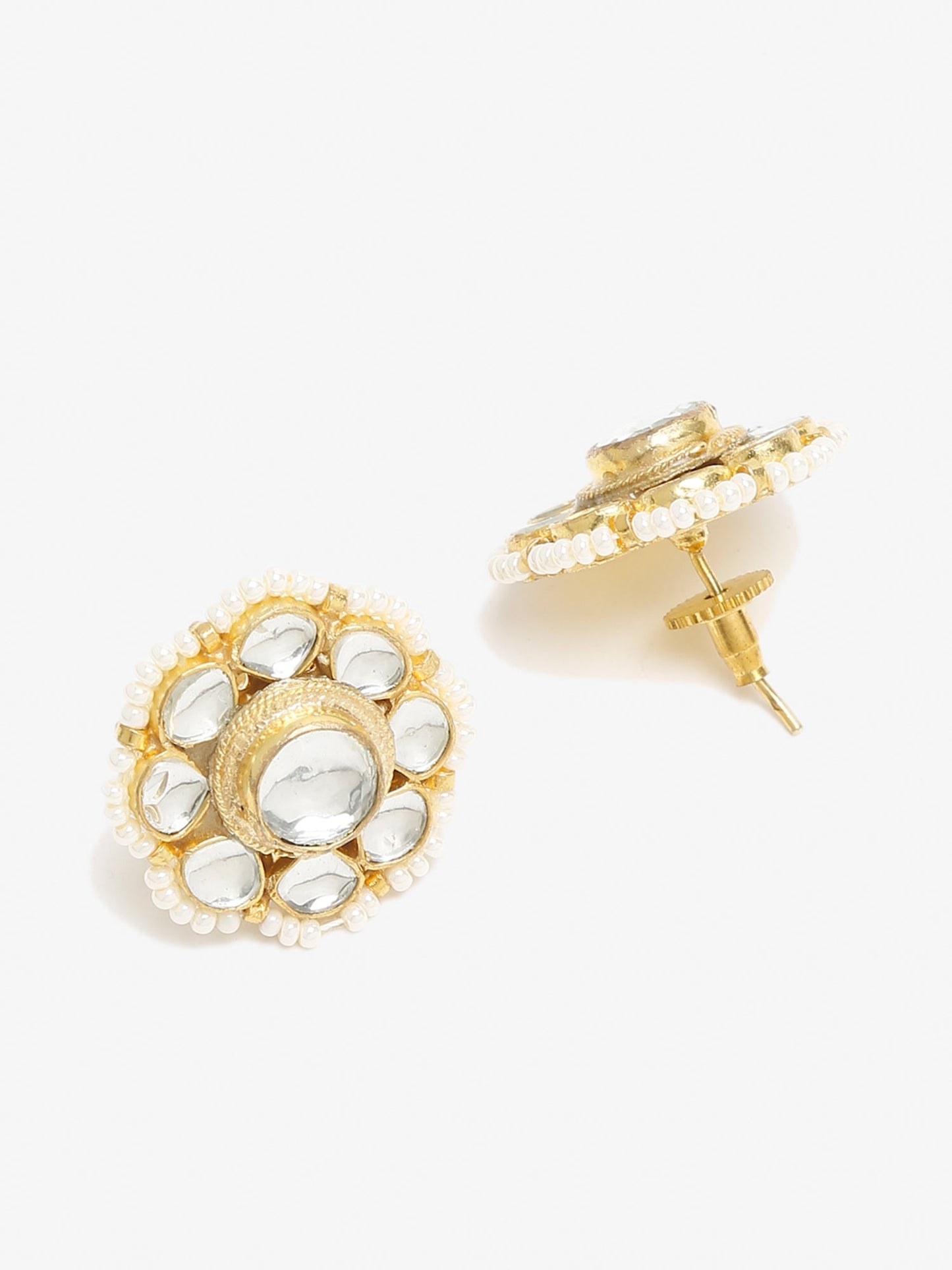 Gold-Toned Floral Kundan Studded Studs Earrings - Ruby Raang