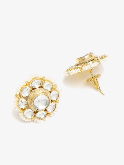 Gold-Toned Floral Kundan Studded Studs Earrings - Ruby Raang