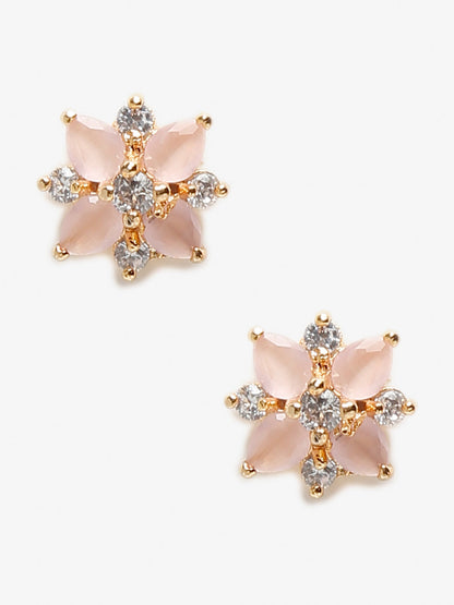 Gold-Polished Pink Floral Studs Earrings - Ruby Raang