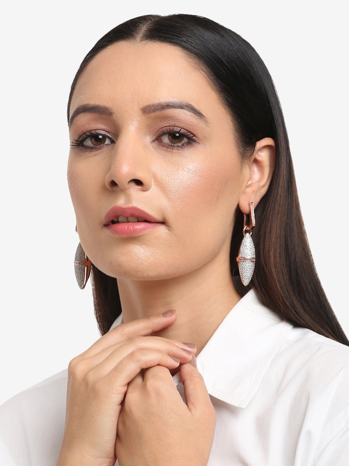 Rose Gold-Polished Silver-Toned Contemporary Drop Earrings - Ruby Raang