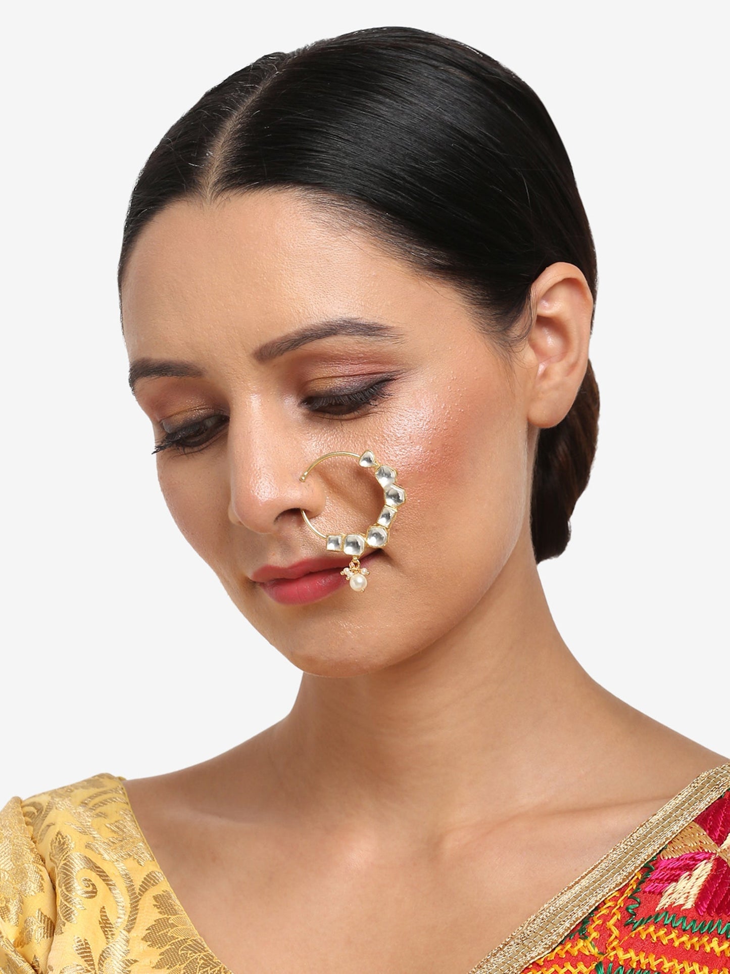 Gold-Polished White Kundan Studded Pearl Beaded Nose Pin - Ruby Raang