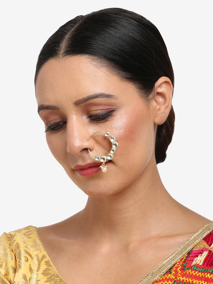 Gold-Polished White Kundan Studded Pearl Beaded Nose Pin - Ruby Raang