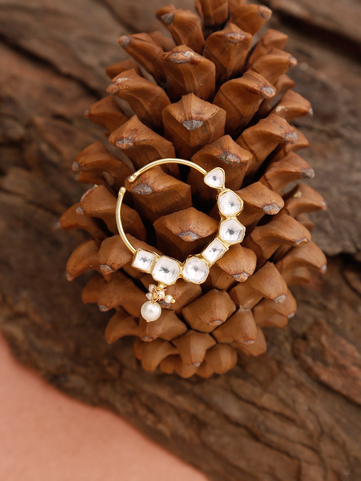 Gold-Polished White Kundan Studded Pearl Beaded Nose Pin - Ruby Raang