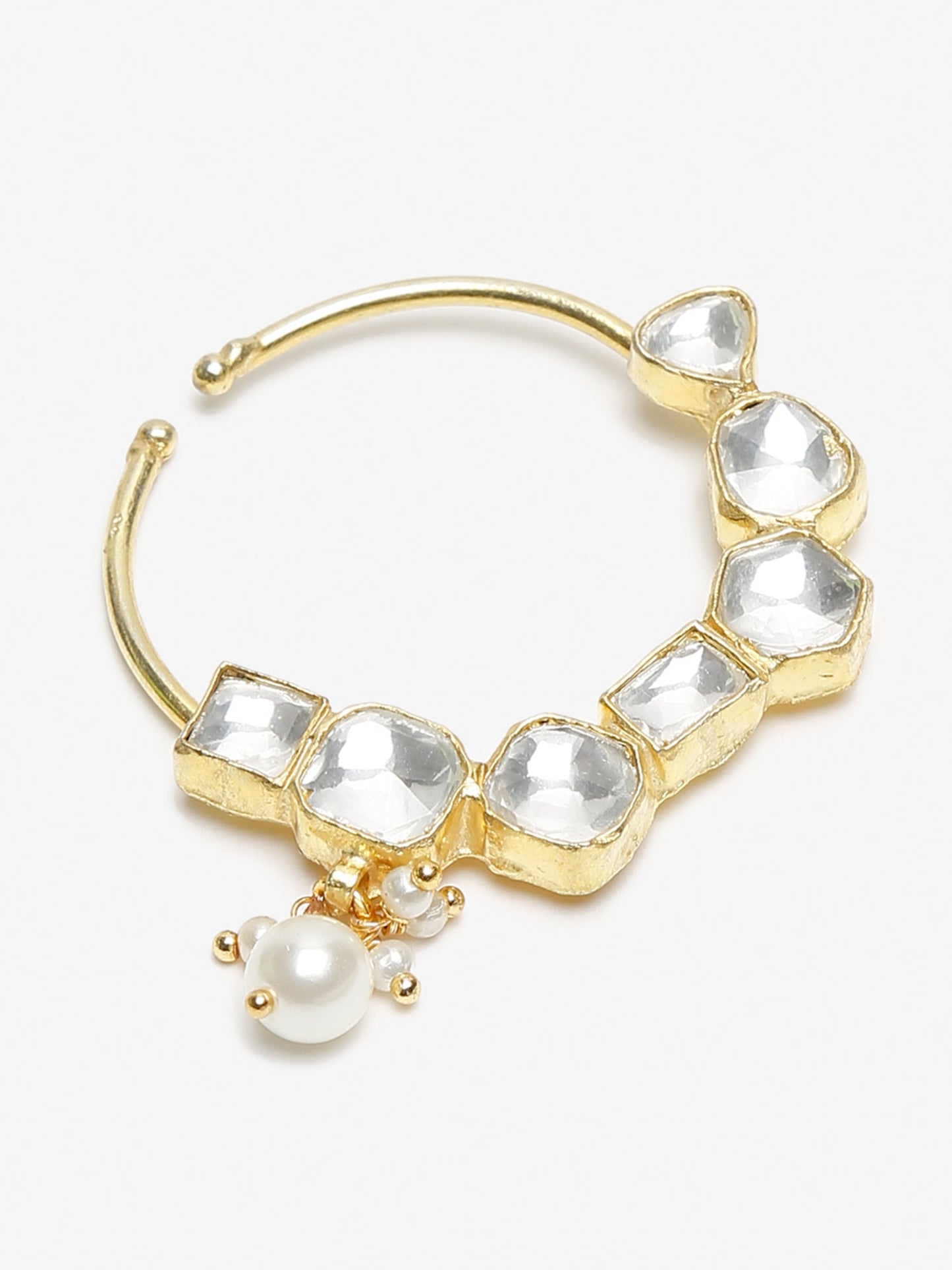 Gold-Polished White Kundan Studded Pearl Beaded Nose Pin - Ruby Raang