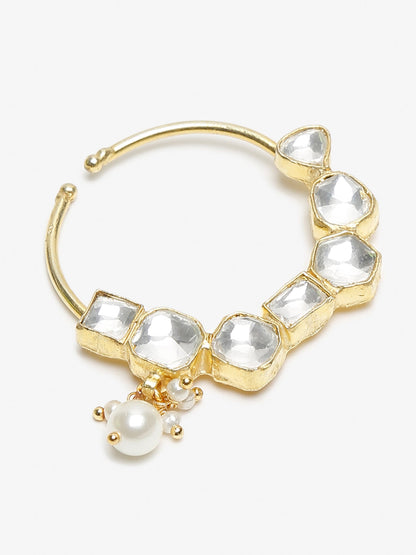 Gold-Polished White Kundan Studded Pearl Beaded Nose Pin - Ruby Raang